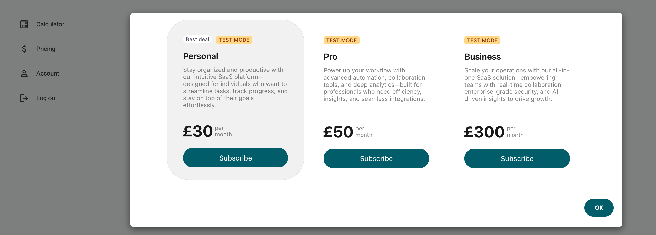 Stripe’s pricing table functionality in the SaaS template app