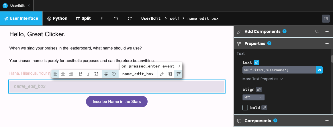 Image displaying the data bindings set up of the UserEdit form's TextBox.