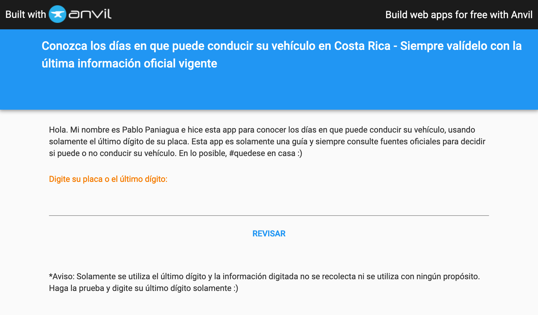 Pablo’s app for checking vehicle lockdown restrictions in Costa Rica