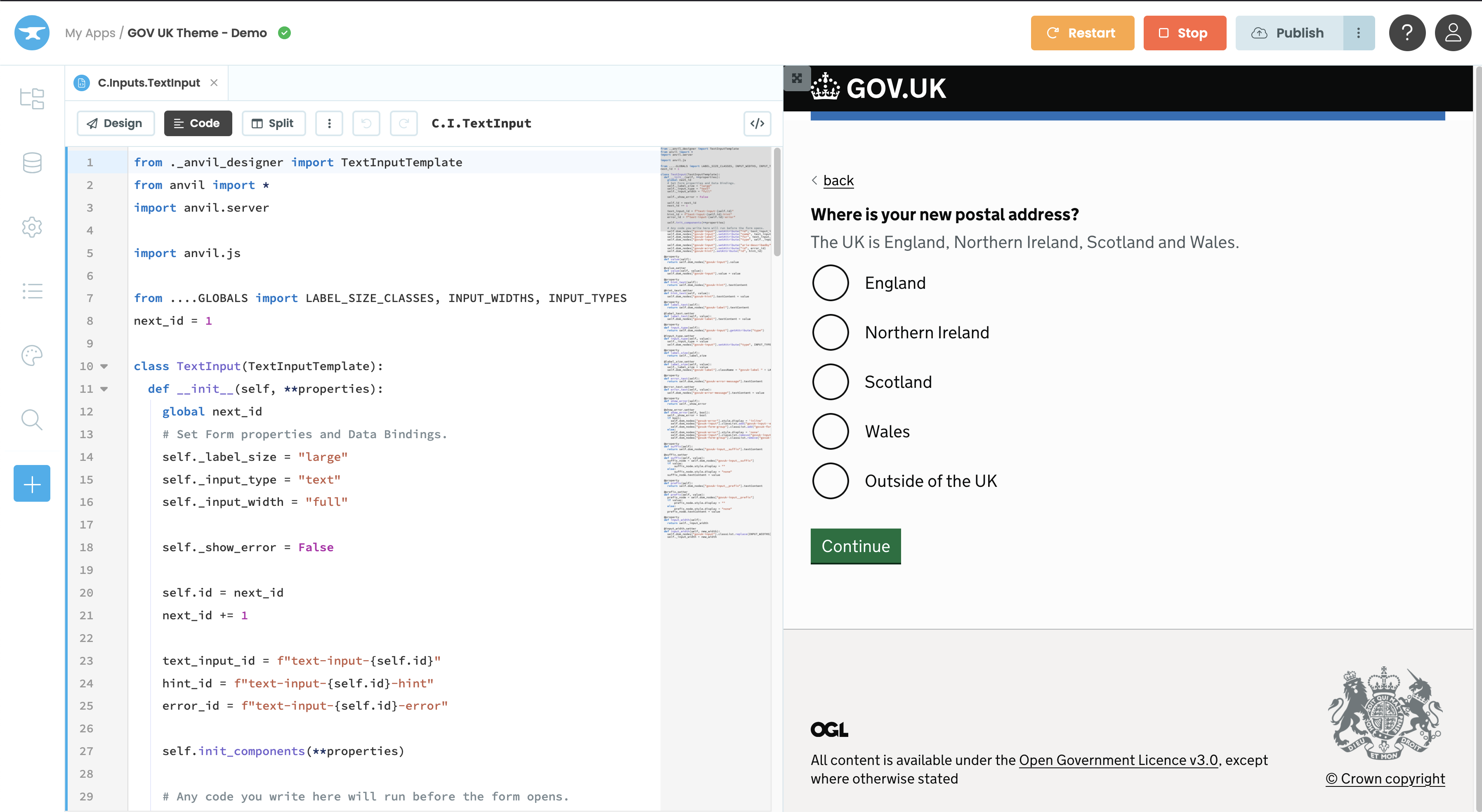 A form in the Anvil editor based on the GOV.UK design system.