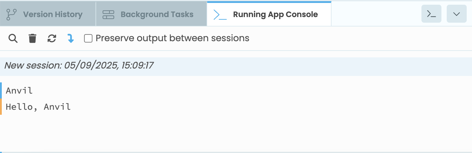 A blue line indicates output from the client and an orange line
indicates output from the server.