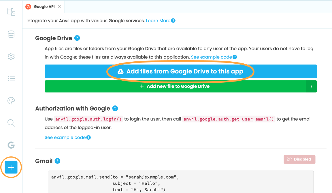 Adding Google Drive files from the Google API configuration page