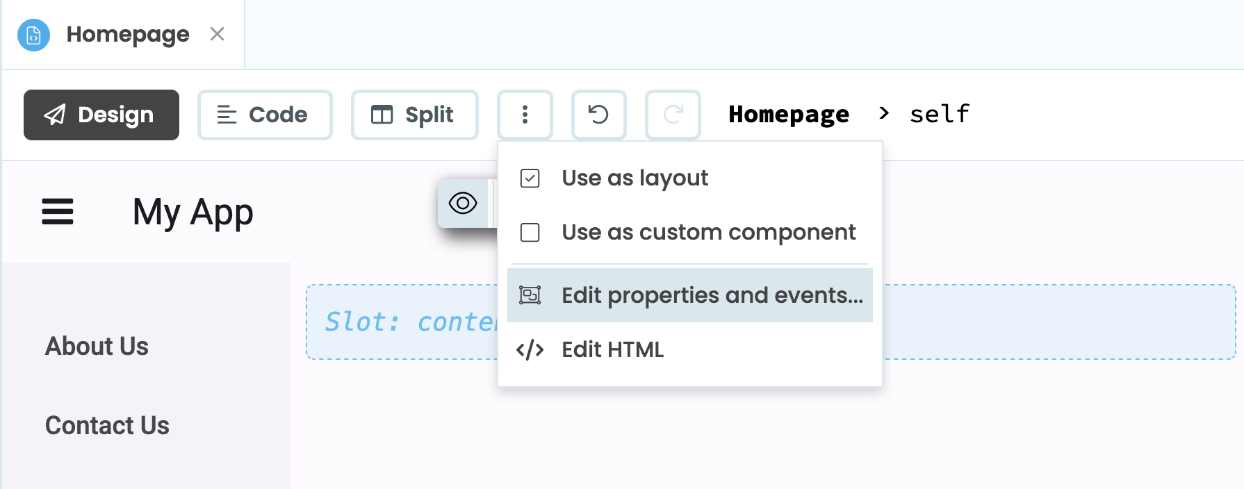 Location of the ‘Edit Properties and Events’ button in the Form Editor